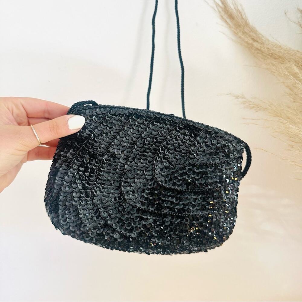VINTAGE Black Sequin Sparkle Metallic Clutch Zip Crossbody Evening Bag Purse